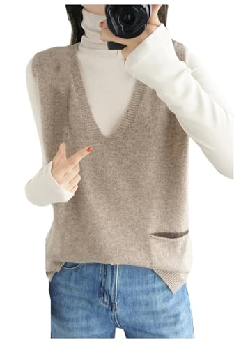 Damen Merino Wolle Weste Ärmellos Strickweste Loose Pocket Vest, Khaki9, L Damen Merino Wolle Weste Ärmellos Strickweste Loose Pocket Vest, Khaki9, L von Dndrdhfb