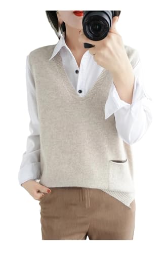 Damen Merino Wolle Weste Ärmellos Strickweste Loose Pocket Vest, beige, Large von Dndrdhfb