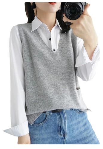 Damen Merino Wolle Weste Ärmellos Strickweste Loose Pocket Vest, grau, M von Dndrdhfb