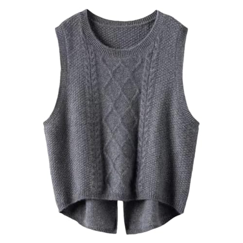 Damen Merinowolle Weste Lose O-Neck Sweater Weste Twisted Knit Vest, grau, XL von Dndrdhfb