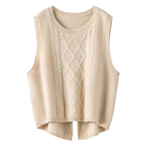 Damen Merinowolle Weste Lose O-Neck Sweater Weste Twisted Knit Vest, beige, 46 von Dndrdhfb