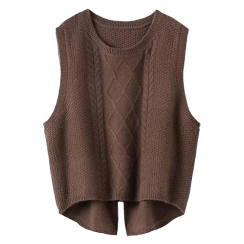 Damen Merinowolle Weste Loose O-Neck Sweater Vest Twisted Knit Vest, coffee, L von Dndrdhfb