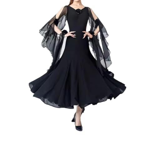 Damen Red Walzer Kleidung Wide Swing Modern Dance Rock Mesh Fließendes Kleid, Schwarz , L von Dndrdhfb