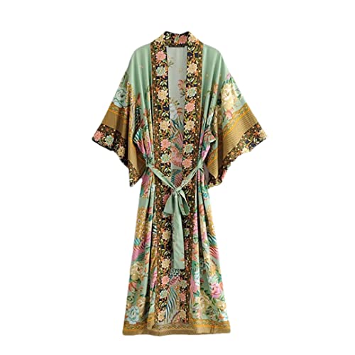 Dndrdhfb Damen-Kimono mit Pfauen-Blumenmuster, Fledermausärmel, Strand-Kimono, Damen, V-Ausschnitt, Quaste, Boho-Bademantel, C, 38 von Dndrdhfb