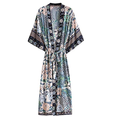 Dndrdhfb Damen-Kimono mit Pfauen-Blumenmuster, Fledermausärmel, Strand-Kimono, Damen, V-Ausschnitt, Quaste, Boho-Bademantel, blau, 42 von Dndrdhfb