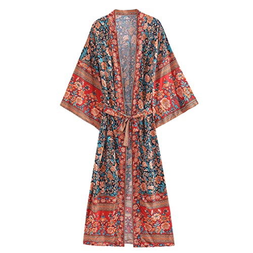 Dndrdhfb Damen-Kimono mit Pfauen-Blumenmuster, Fledermausärmel, Strand-Kimono, Damen, V-Ausschnitt, Quaste, Boho-Bademantel, claret, 36 von Dndrdhfb