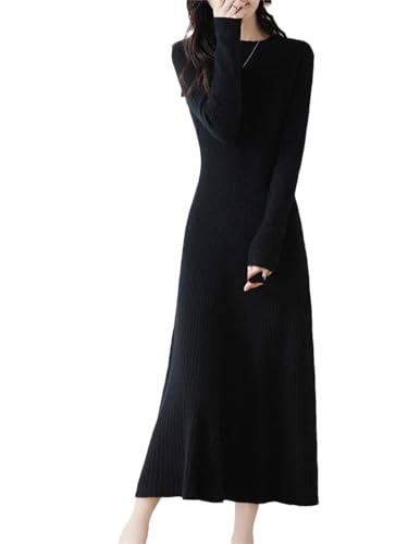 Dndrdhfb Damen Merinowolle Pulloverkleid Slim Fit Langarm Kleid Rundhals Strickkleid Maxikleid, Schwarz , Small von Dndrdhfb