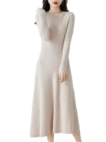 Dndrdhfb Damen Merinowolle Pulloverkleid Slim Fit Langarm Kleid Rundhals Strickkleid Maxikleid, beige, X-Large von Dndrdhfb