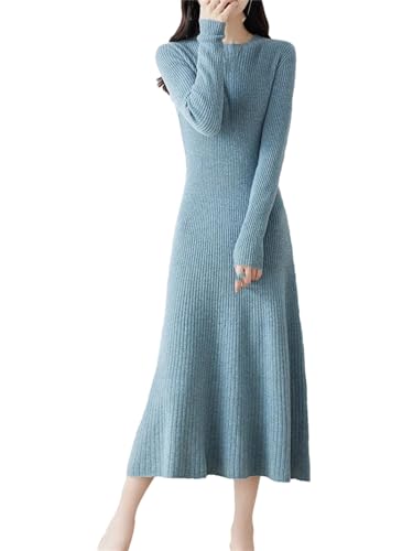 Dndrdhfb Damen Merinowolle Pulloverkleid Slim Fit Langarm Kleid Rundhals Strickkleid Maxikleid, blau, XX-Large von Dndrdhfb