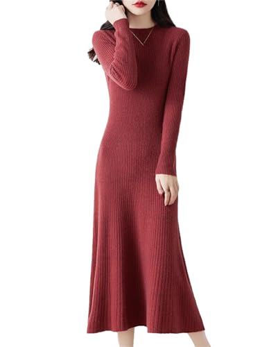 Dndrdhfb Damen Merinowolle Pulloverkleid Slim Fit Langarm Kleid Rundhals Strickkleid Maxikleid, rot, X-Large von Dndrdhfb