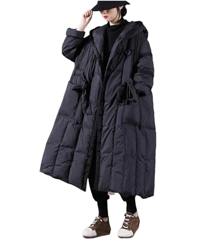 Dndrdhfb Frauen Lange Mit Kapuze Unten Jacke Solide Lose Taschen Knopf Binden Bis Weiße Ente Unten Outwear, Schwarz , 42 von Dndrdhfb