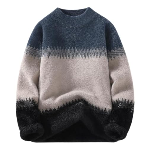 Dndrdhfb Herren Patchwork Rundhals Pullover Sweater Winter Slim Fit Warm Wollpullover, Huilan, Large von Dndrdhfb