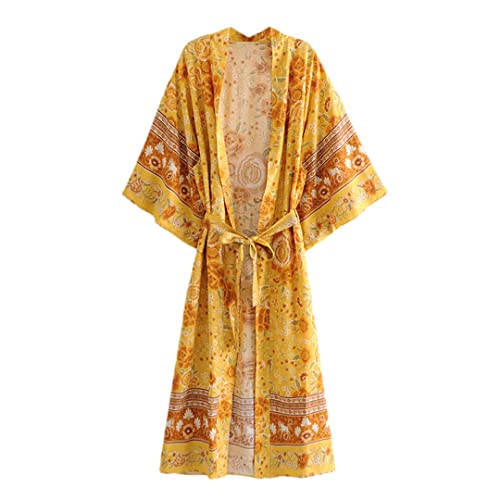 Dndrdhfb Vintage Gelb Druck Schärpen Böhmischen Strand Kimono Frauen V-Ausschnitt Fledermausärmel Robe Cover-Up, 11, 36 von Dndrdhfb