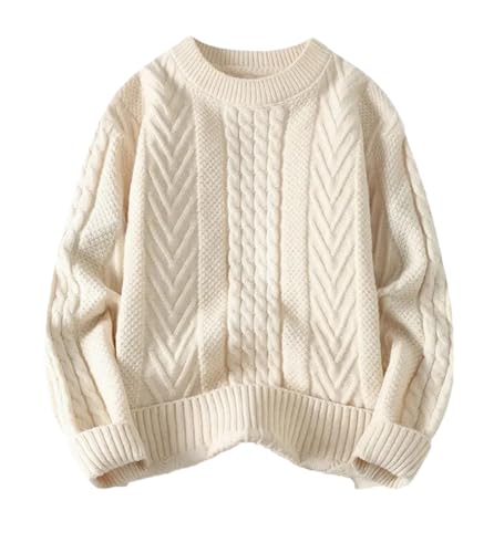Herren Baumwolle O-Neck Sweater Winter Retro Zopfpullover Solide Streifen Pullover, beige, 3XL von Dndrdhfb