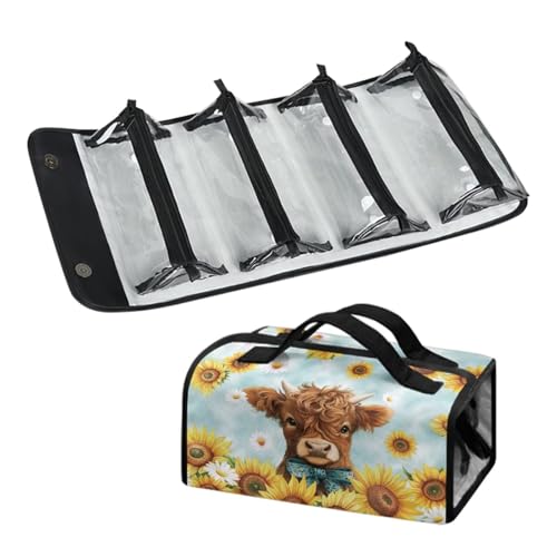 DNGKAOJE Aufrollbare Make-up-Tasche für Damen, zum Aufhängen, 4-in-1, faltbare Reise-Make-up-Tasche, Plateau Kuh Sonnenblume, Einheitsgröße von Dngkaoje