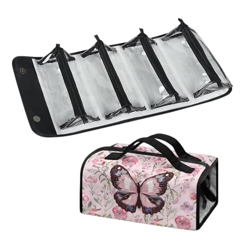 DNGKAOJE Aufrollbare Make-up-Tasche für Damen, zum Aufhängen, 4-in-1, faltbare Reise-Make-up-Tasche, rosa Schmetterling (Pink Butterfly), Einheitsgröße von Dngkaoje