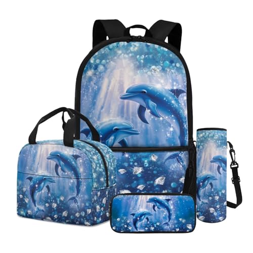 Dngkaoje 4 in 1 Kinder Schulrucksack-Set mit isolierter Lunchtasche Federmäppchen Wasserflasche Hülle, Blue Ocean Delphins von Dngkaoje