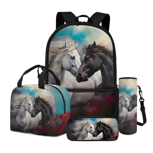Dngkaoje 4 in 1 Kinder Schulrucksack-Set mit isolierter Lunchtasche Federmäppchen Wasserflasche Hülle, Schönes Pferd von Dngkaoje