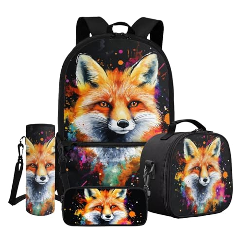 Dngkaoje 4-in-1 Kinder-Schultaschen-Set mit Lunch-Tasche, Federmäppchen, Wasserflaschenhüllen, Blumenfuchs von Dngkaoje