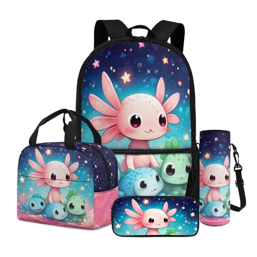 Dngkaoje 4-in-1 Schul-Büchertaschen-Set für Kinder, Rucksack mit Lunchbox, Federmäppchen, Wasserflaschenhalter, Axololt Family von Dngkaoje