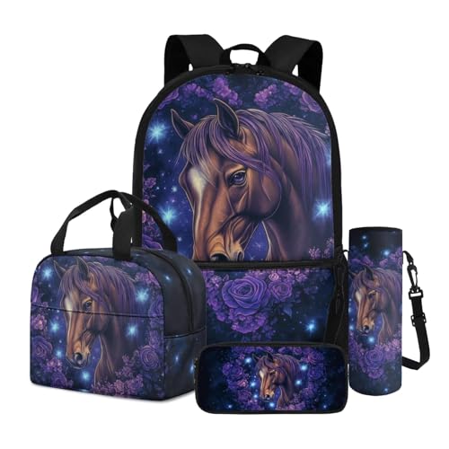 Dngkaoje 4-in-1 Schul-Büchertaschen-Set für Kinder, Rucksack mit Lunchbox, Federmäppchen, Wasserflaschenhalter, Violettes Mondscheinpferd von Dngkaoje