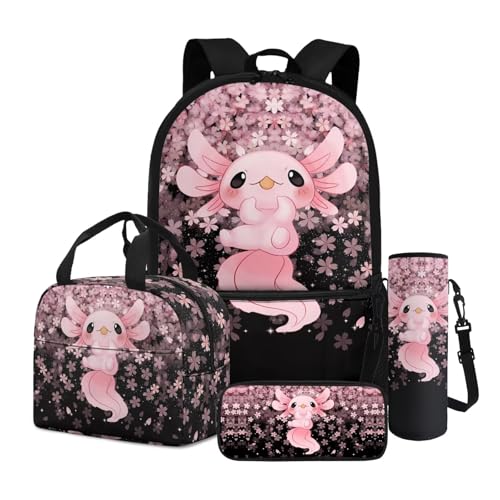 Dngkaoje 4-in-1-Schulrucksack für Kinder mit Federmäppchen, Lunchbox, Wasserflaschenhülle, Kirschblüte Axolotl von Dngkaoje