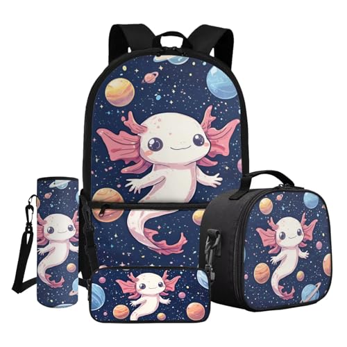 Dngkaoje 4-teiliges Schulrucksack-Set für Kinder, mit Lunchbox, Federmäppchen, Wasserflaschenabdeckung, Planet Axololt, L11.02xW5.12xH17.32 inches, Schulranzen-Set von Dngkaoje