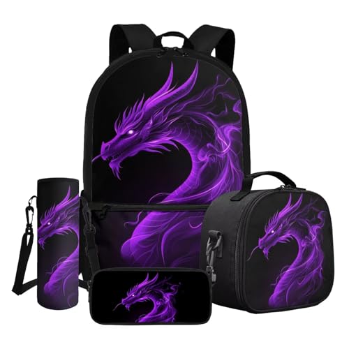 Dngkaoje 4-teiliges Schulrucksack-Set für Kinder mit Lunchbox, Federmäppchen, Wasserflaschenabdeckung, Abstrakter lila Drachen-Stil, L11.02xW5.12xH17.32 inches, Schulranzen-Set von Dngkaoje