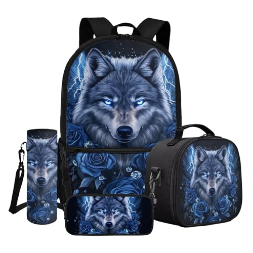 Dngkaoje 4-teiliges Schulrucksack-Set für Kinder mit Lunchbox, Federmäppchen, Wasserflaschenabdeckung, Coole Wolfsblume, L11.02xW5.12xH17.32 inches, Schulranzen-Set von Dngkaoje