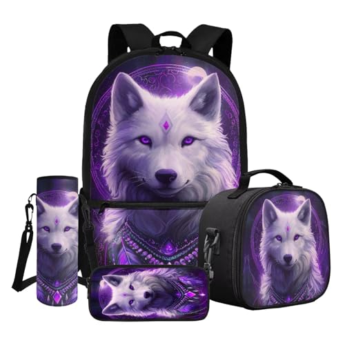 Dngkaoje 4-teiliges Schulrucksack-Set für Kinder mit Lunchbox, Federmäppchen, Wasserflaschenabdeckung, Violetter Sternennachtwolf, L11.02xW5.12xH17.32 inches, Schulranzen-Set von Dngkaoje