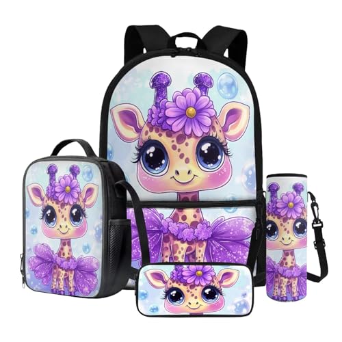 Dngkaoje 4-teiliges Schulrucksack-Set für Kinder mit isolierter Lunchbox, Federmäppchen, Wasserflasche, Lila Blumen Giraffe von Dngkaoje
