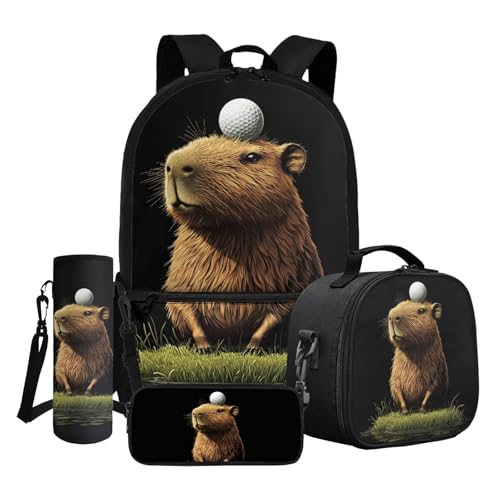 Dngkaoje Bedrucktes Schulrucksack-Set für Kinder, Jungen, Mädchen, 4-in-1, Schulrucksack-Set, Lustiger Capybara-Ball von Dngkaoje