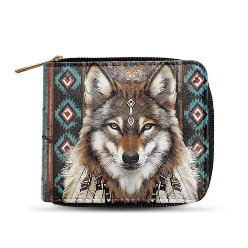 Dngkaoje Faltbare Geldbörse mit Reißverschluss für Herren, PU-Leder, Clutch mit mehreren Kartenfächern, lässiger Geldorganisator, Ethnischer Stammeswolf, L4.9xW1xH4.2 inches von Dngkaoje