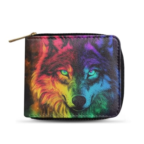 Dngkaoje Faltbare Geldbörse mit Reißverschluss für Herren, PU-Leder, Clutch mit mehreren Kartenfächern, lässiger Geldorganisator, Farbenfroher Wolf-Stil, L4.9xW1xH4.2 inches von Dngkaoje