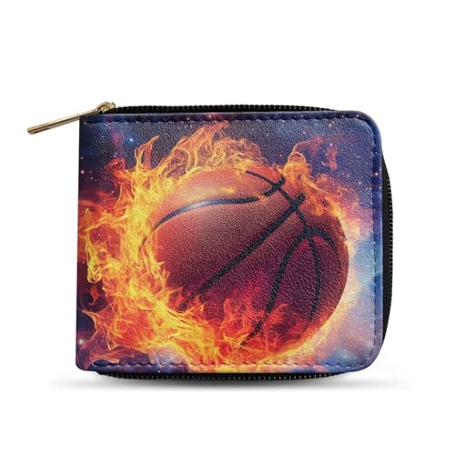 Dngkaoje Faltbare Geldbörse mit Reißverschluss für Herren, PU-Leder, Clutch mit mehreren Kartenfächern, lässiger Geldorganisator, Flamme Basketball, L4.9xW1xH4.2 inches von Dngkaoje