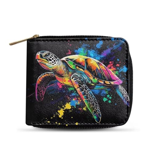Dngkaoje Faltbare Geldbörse mit Reißverschluss für Herren, PU-Leder, Clutch mit mehreren Kartenfächern, lässiger Geldorganisator, Inkjet Turtle, L4.9xW1xH4.2 inches von Dngkaoje