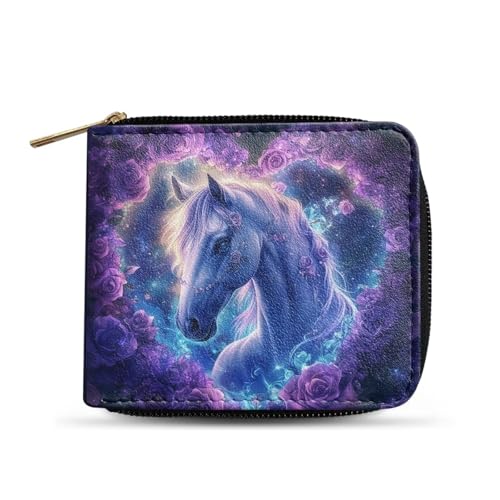 Dngkaoje Faltbare Geldbörse mit Reißverschluss für Herren, PU-Leder, Clutch mit mehreren Kartenfächern, lässiger Geldorganisator, Lila Blumenpferd, L4.9xW1xH4.2 inches von Dngkaoje