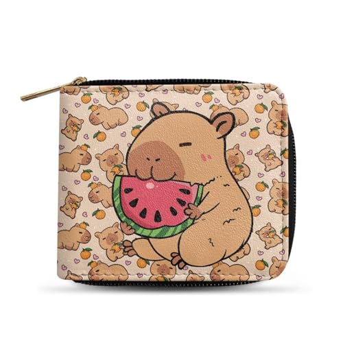 Dngkaoje Faltbare Geldbörse mit Reißverschluss für Herren, PU-Leder, Clutch mit mehreren Kartenfächern, lässiger Geldorganisator, Niedliche Wassermelonen-Capybara, L4.9xW1xH4.2 inches von Dngkaoje