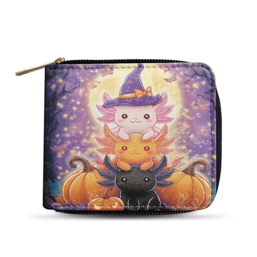 Dngkaoje Faltbare Geldbörse mit Reißverschluss für Herren, PU-Leder, Clutch mit mehreren Kartenfächern, lässiger Geldorganisator, Süßes Halloween Axolotl, L4.9xW1xH4.2 inches von Dngkaoje