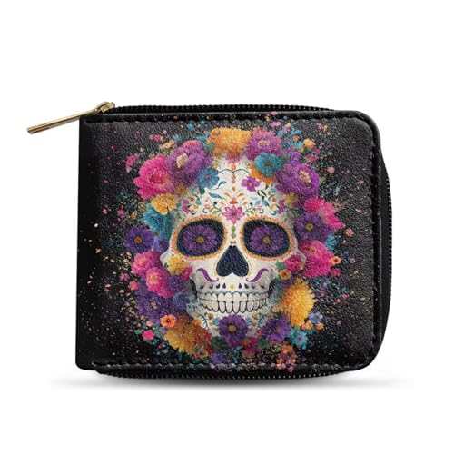 Dngkaoje Faltbare Geldbörse mit Reißverschluss für Herren, PU-Leder, Clutch mit mehreren Kartenfächern, lässiger Geldorganisator, Totenkopf-Blumen-Stil, L4.9xW1xH4.2 inches von Dngkaoje