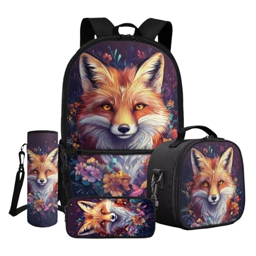 Dngkaoje Kinder-Schulrucksack-Set, 4-in-1, große Schultasche mit isolierter Lunchbox, Federmäppchen, Wasserflaschenhülle, Lustiger Fuchs-Stil von Dngkaoje