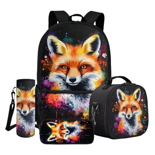 Dngkaoje Schulrucksack-Set für Kinder, Jungen, Mädchen, 4-in-1-Schultasche mit Vordertasche, Lustiger Fuchs-Stil, L11.02xW5.12xH17.32 inches, Schulranzen-Set von Dngkaoje