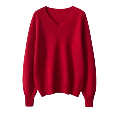 Damen Kaschmir Pullover Lose Strick Big V-Ausschnitt Tops Warm Solid Pullover, rot, L von Dninmim