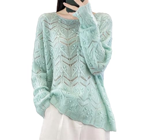 Damen Rundhals Wollpullover Lose Hohl Häkelpullover Strickpullover, türkis, XL von Dninmim
