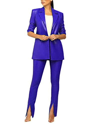 Damen Slim Revers Leder Anzug Split Pts Zweiteilige Bürokleidung Damen Leder, blau, Small von Dninmim