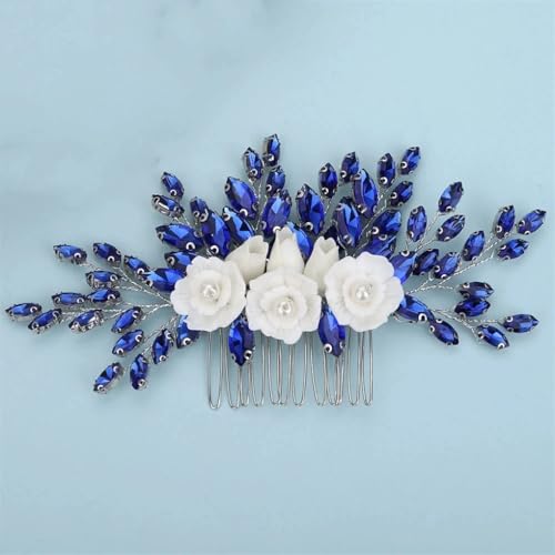 Damen Strass Haarkamm Blume Braut Haarschmuck Hochzeit Kopf Schmuck Party Tiaras Blau von Dninmim