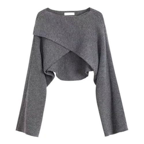 Damen Unregelmäßiger Kurzer Strickpullover Solide Langarm Verdickte Strickpullover, Graues Oberteil, XX-Large von Dninmim