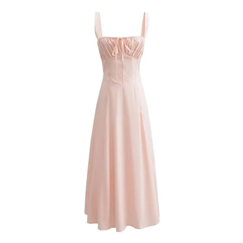 Dninmim Damen Ärmelloses rosa Schnürung hinten Sling Kleid Korsett Schleife gerüscht niedrige Brust Midi Lange Robe, Pnnrk, Small von Dninmim