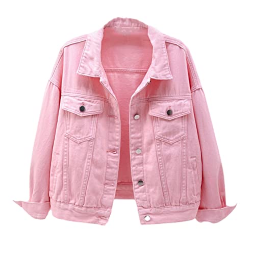 Dninmim Damen Candy Color Casual Cropped Langarm Denim Jacke Einfarbig Baumwolle Lose Oberbekleidung, rose, 38 von Dninmim