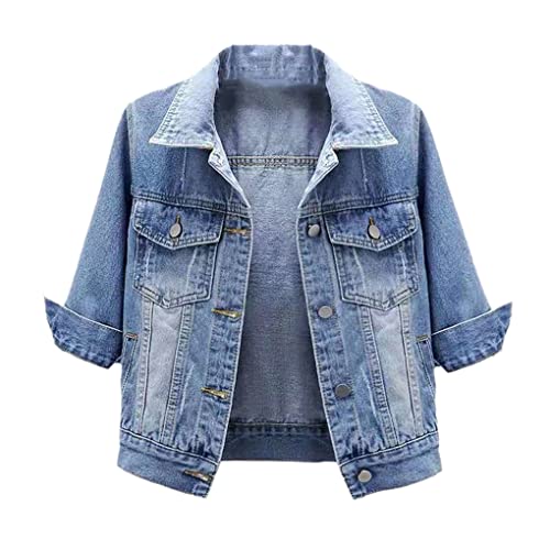 Dninmim Damen Casual Baumwolle Viertelärmel Slim Denim Jacke Retro Street Büro Arbeiter Shrug Tops, hellblau, 50 von Dninmim